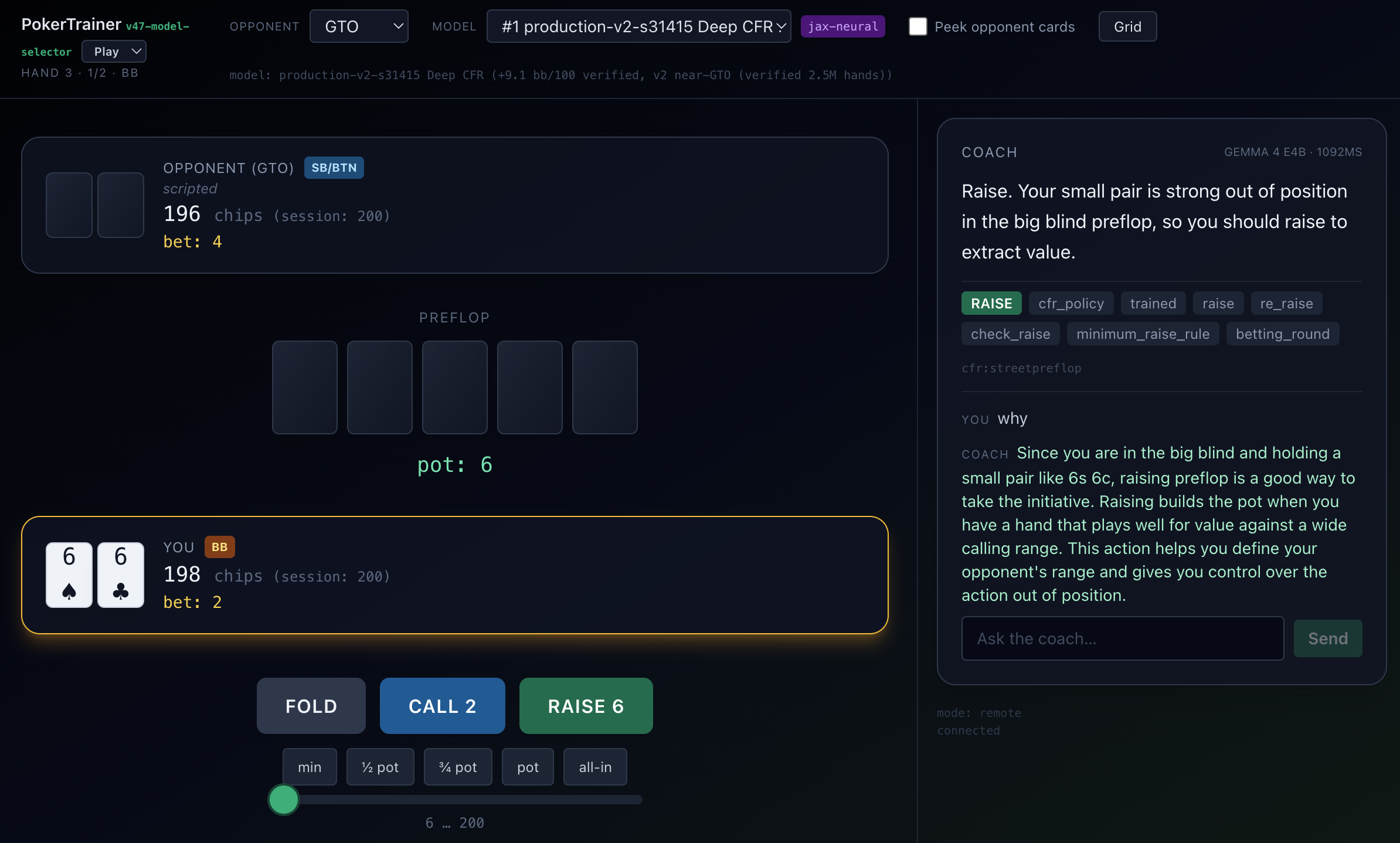 Poker Trainer — heads-up no-limit hold'em vs a Deep-CFR neural opponent with an LLM coach explaining game-theory-optimal play
