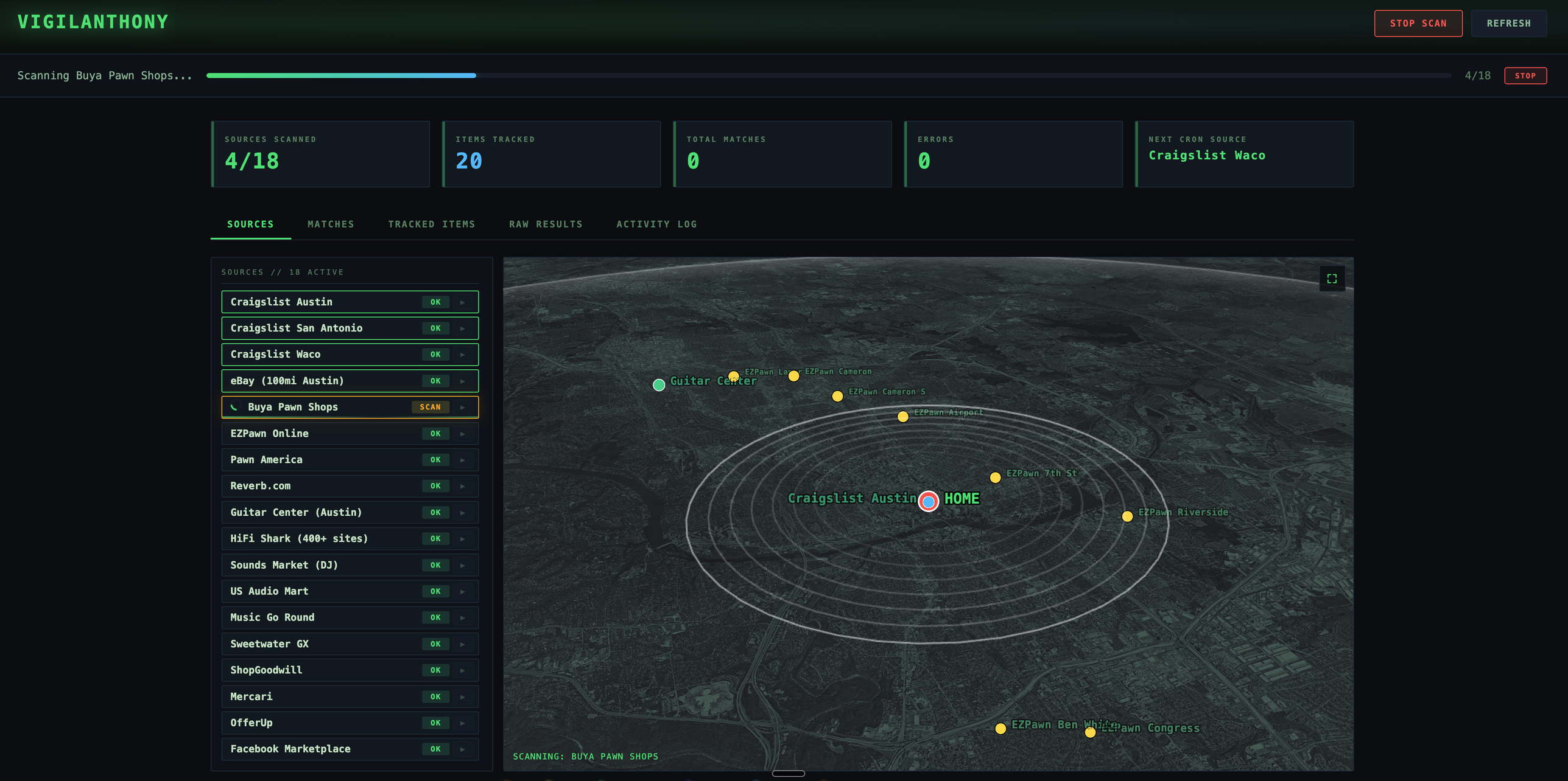 Vigilanthony — terminal-style dashboard scanning 18 marketplace sources for stolen items, with a geo match radar over Austin